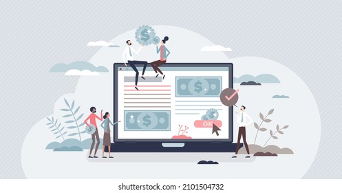 Sponsored content with paid commercial website articles tiny person concept. Company cooperation and partnership with influencers or social media for brand popularization. Ads for marketing campaign.