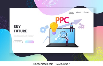 Sponsored Listing, Pay Per Click Landing Page Template. Ppc, Business Advertising Technology, Tiny Characters at Huge Computer with Cursor Clicking on Ad Button. Cartoon People Vector Illustration