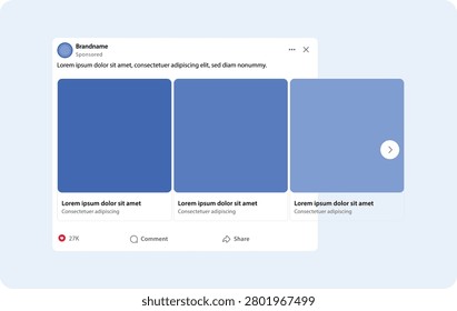 Sponsored social media carousel UI mockup. Advertisement post with brand profile, placeholder caption text. Scrollable cards with engagement metrics, likes, comments. Digital marketing, advertising, app design, social media campaign