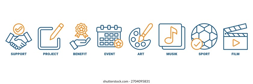Concepto del Vector del sistema del icono del patrocinador con el icono del acontecimiento, arte, proyecto, deporte, música, Asistencia, película y beneficio