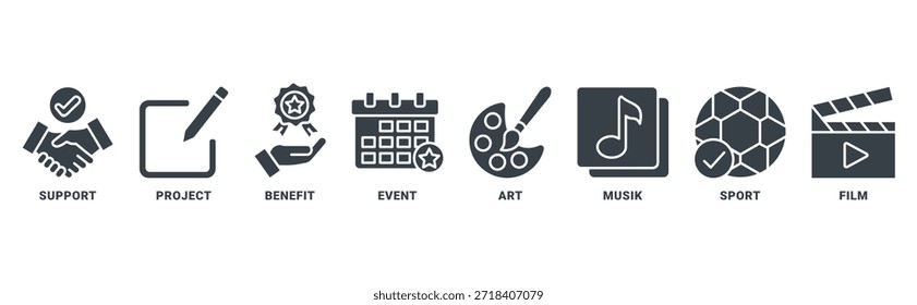 Concepto del Vector del sistema del icono del patrocinador con el icono del acontecimiento, arte, proyecto, deporte, música, Asistencia, película y beneficio