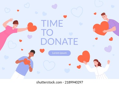 Sponsors giving care. Volunteer donors give heart to needy people together, philanthropy unity share love nonprofit charity money donation, sponsorship concept vector illustration of sponsor charity