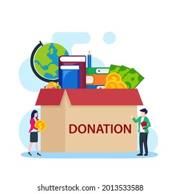 Sponsors Humanitarian Aid and Solidarity. Tiny Male and Female Characters Put Books and Stationery in Huge Donation Box. Social Care and Assistance to Poor Children. Cartoon People Vector Illustration