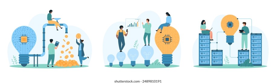 Sponsors investment in digital project, monetization and hosting. Tiny people make money from light bulb with circuit inside, work with connection of servers and lamps cartoon vector illustration