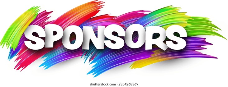 Sponsors paper word sign with colorful spectrum paint brush strokes over white. Vector illustration.