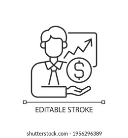 Sponsorship broker linear icon. Increasing financial chart. Brokerage service. Trading stock. Thin line customizable illustration. Contour symbol. Vector isolated outline drawing. Editable stroke