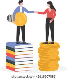 Patrocínio de inovações. Compra e venda de ideias. Empresária com lâmpadas, empresária dá dinheiro para a informação.

