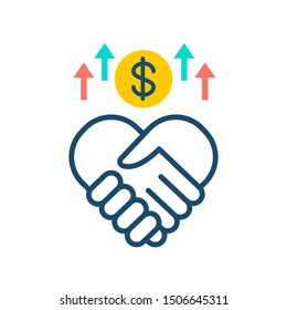 Sponsorship line color icon. Handshake and money. Fundraising vector pictogram. Charity and volunteering symbol. Button for web page, mobile app, promo, UI/UX user interface. Editable stroke.