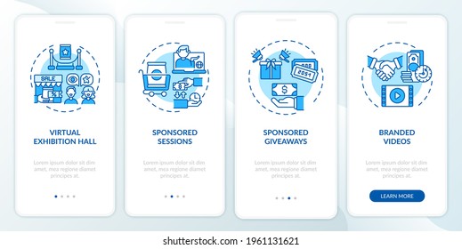 Sponsorship remote events ideas onboarding mobile app page screen with concepts. Virtual gallery walkthrough 4 steps graphic instructions. UI, UX, GUI vector template with linear color illustrations