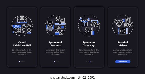Sponsorship remote gathering onboarding mobile app page screen with concepts. Sponsored event walkthrough 4 steps graphic instructions. UI, UX, GUI vector template with linear night mode illustrations