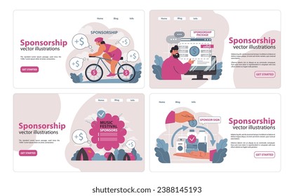 Sponsorship set. Athlete on bike seeks funds, man chooses sponsorship package online. Vibrant music festival gains backing. Hand holds sponsor label. Corporate partnership themes. vector illustration