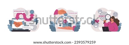 Sponsorship set. Exploring partnership benefits online, showcasing sponsor banners, researcher analyzing partnership prospects. Digital collaboration. Nurturing business relationships. Flat vector