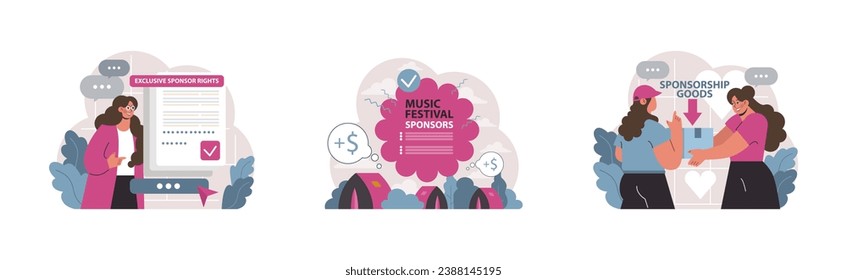 Sponsorship set. Navigating exclusive sponsor rights online. Generating funds for music festivals. Exchange of goods between sponsors. Vibrant interactions and discussions. Flat vector illustration