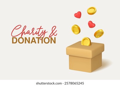 Sponsorship vector 3d web banner. Donation carboard box with hearts and gold coins. Refugee or homeless charity support illustration, financial grant concept