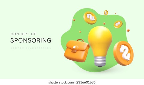 Sponsorship vector concept. Smart investments. Support of new promising business. Funding of educational programs. Multicolored poster with 3D composition