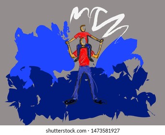 A spontaneous authentic sketch style vector where a  child sits on an adults shoulders with vibrant color splashes representative of unity and success in shared a activity