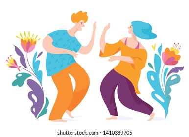 Spontaneous dancing people. Vector men and woman dancing. 5 Rhythms dancing. 