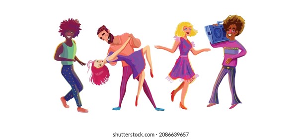 Spontaneous dancing people. Vector men and woman dancing.