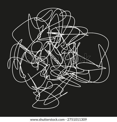 Spontaneous white scribble. Intricate Vector stroke. Tangled line texture. Contemporary messy artwork.
