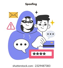 Spoofing attack. Fraudster pretend to be someone or something else to win a person trust. Hacker get access to system, steal data or spread malware. Flat vector illustration