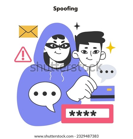 Spoofing attack. Fraudster pretend to be someone or something else to win a person trust. Hacker get access to system, steal data or spread malware. Flat vector illustration