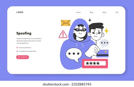 Spoofing Angriff Web-Banner oder Landing-Seite. Betrüger geben vor, jemand oder etwas Anderes zu sein, um ein persönliches Vertrauen zu gewinnen. Hacker erhalten Zugriff auf das System, stehlen Daten oder verbreiten Malware. Flache Vektorgrafik