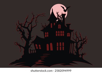 A spook haunted house under the full moon, perfect for Halloween themes. 