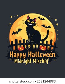 ¡Espanten su Halloween con esta linda camiseta! Un gato negro, murciélagos, calabazas y la frase "Happy Halloween Midnight Mischief" lo convierten en la adición perfecta y espeluznante.