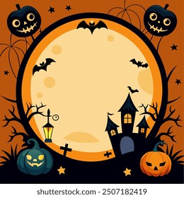 Spooktacular Halloween Night Frame: A festive border featuring a glowing moon, pumpkins, bats, and a haunted house, goodfor Halloween designs