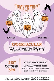 Convites de festa de Halloween Spooktacular com Fantasmas Bonitos Truque ou Tratar Ilustração. Design minimalista de cartão de festa infantil