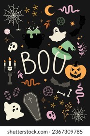 Spooktakuläre Halloween-Wünsche. Halloween-Grußkarte mit spitzigen Elementen. Vektorgrafik-Flachdesign-Stil. 