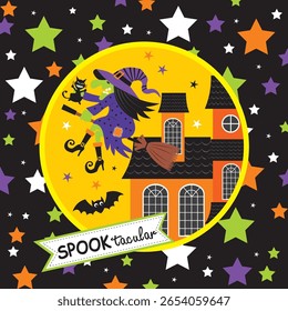 Spooktacular Witch on Broom Halloween Illustration