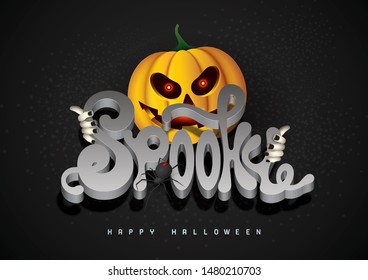 Spooky 3d font pumpkin and spider, Halloween background.