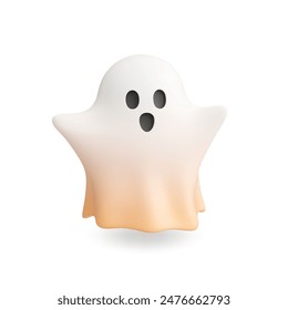 Spooky 3d ghost. Emotional halloween phantom, surprised frightening character. Isolated render realistic afterlife monster, flying specter vector icon