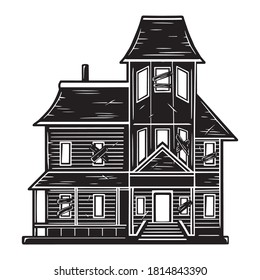 Spooky abandoned haunted house concept in vintage monochrome style isolated vector illustration