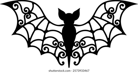 Spooky abstract decorative ornamental bat perfect for Halloween themed designs. This detailed and eerie silhouette ideal for adding a touch of mystery and charm to your creative projects. 