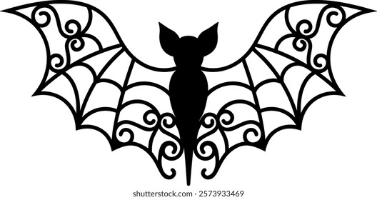 Spooky abstract decorative ornamental bat perfect for Halloween themed designs. This detailed and eerie silhouette ideal for adding a touch of mystery and charm to your creative projects. 