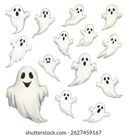 Spooky and adorable cartoon ghosts vector set! Perfect for Halloween designs, cute graphics, and festive projects.