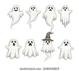 Spooky and adorable cartoon ghosts vector set! Perfect for Halloween designs, cute graphics, and festive projects.