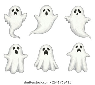 Spooky and adorable cartoon ghosts vector set! Perfect for Halloween designs, cute graphics, and festive projects.