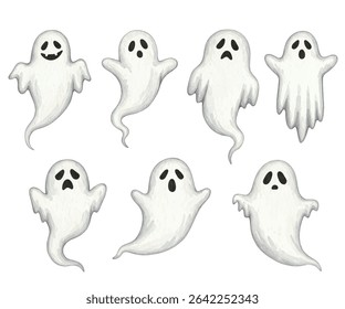 Spooky and adorable cartoon ghosts vector set! Perfect for Halloween designs, cute graphics, and festive projects.
