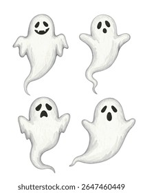 Fantasmas de desenhos animados assustador e adorável conjunto de vetor! Perfeito para projetos de Halloween, gráficos bonitos e projetos festivos. Adicione um susto divertido aos seus visuais!