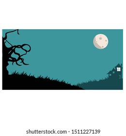 Spooky ambiance of Halloween background with gnarly trees, spooky mansion and moon at dawn. Vector illustrations