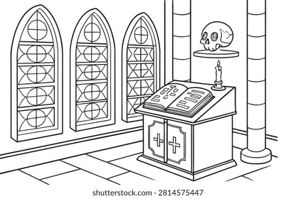Spooky atmosphere inside hall featuring religious stained glass windows tall columns candle burning near open ancient book and human skull resting upon small wall mounted ledge.
