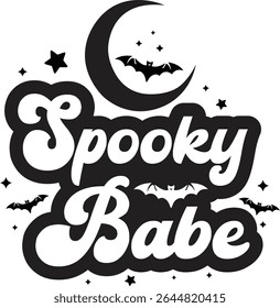 "Spooky Babe Halloween Typography T-Shirt Design with Bats and Moon"