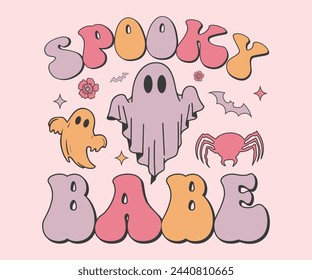 Spooky babe Retro T-shirt, Retro Halloween Shirt, Spooky Season, Ghost pumpkin T-shirt, Trendy Halloween, Hippie Halloween, Ghouls T-shirt, Cut File For Cricut And Silhouette