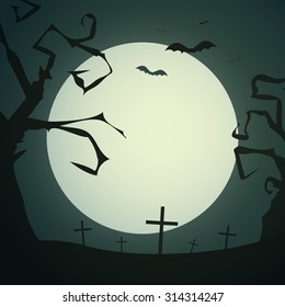 Spooky background with dead gnarled trees, crosses, bats and full moon