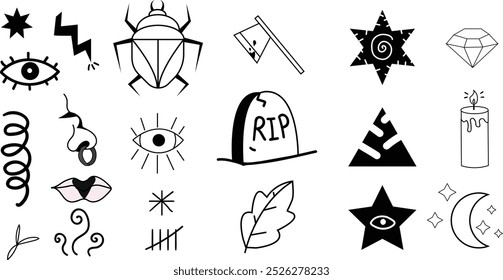 Conjunto de elementos de design de plano de fundo assustador, rabisco de desenho de linha, Conjunto desenhado à mão editável, arte de linha para Halloween.   