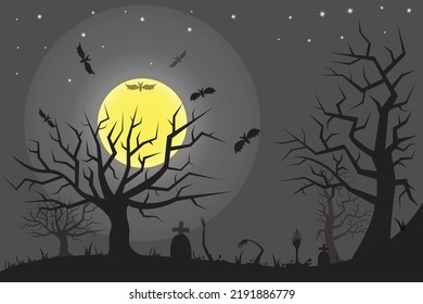 Spooky Background With Ghost Hands, Dry Tree And Full Moon