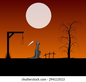 Spooky background with grim reaper with scythe in a cemetery 